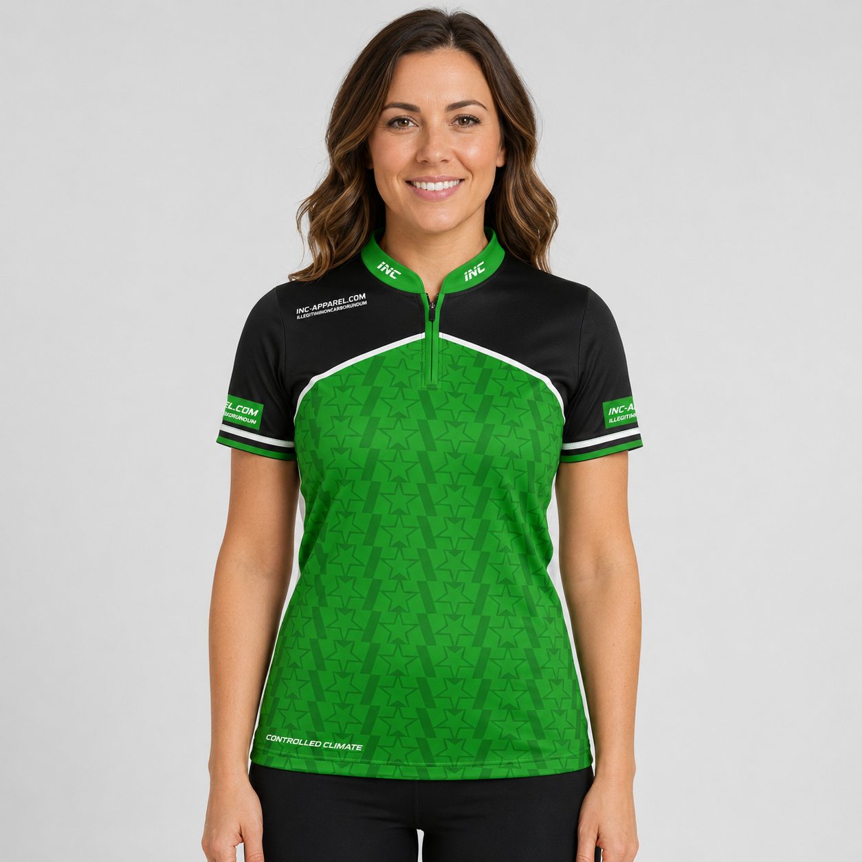 Legatus white green and black women's darts and pool shirt front view lightweight performance shirt