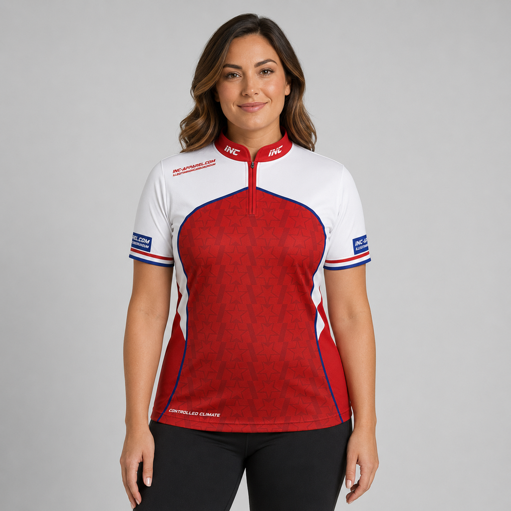 Legatus white red and blue women's darts and pool shirt front view lightweight performance shirt