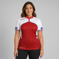 Legatus white red and blue women's darts and pool shirt front view lightweight performance shirt