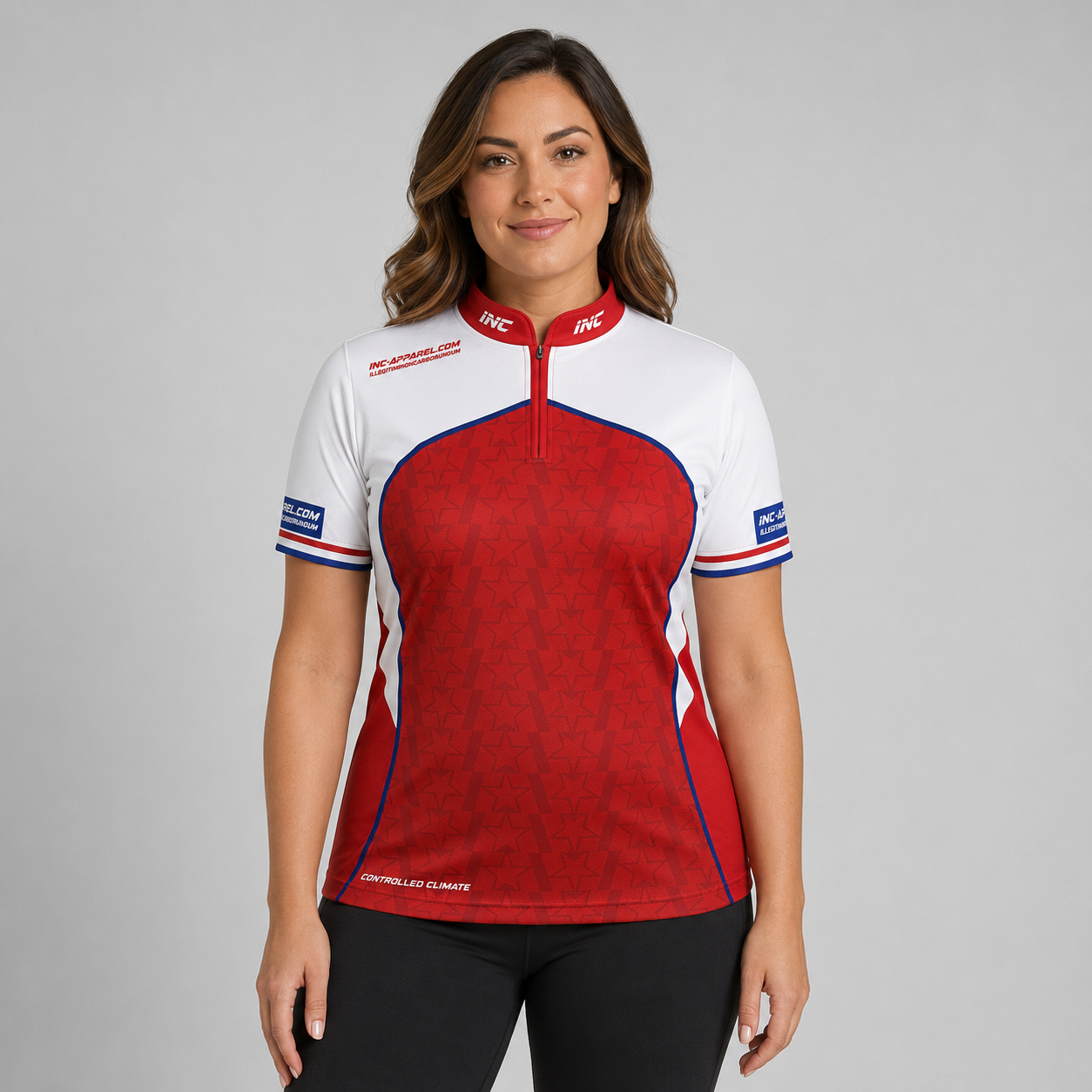 Legatus white red and blue women's darts and pool shirt front view lightweight performance shirt