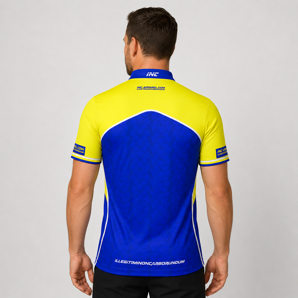 Legatus yellow and blue darts pool shirt men's and youth back view breathable competition shirt