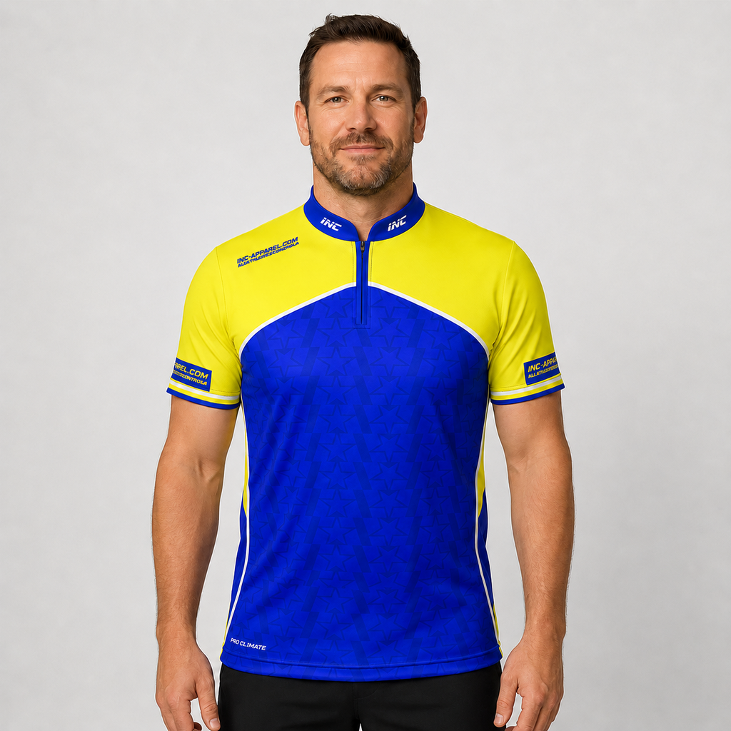 Legatus yellow and blue darts pool shirt men's and youth front view performance academy shirt