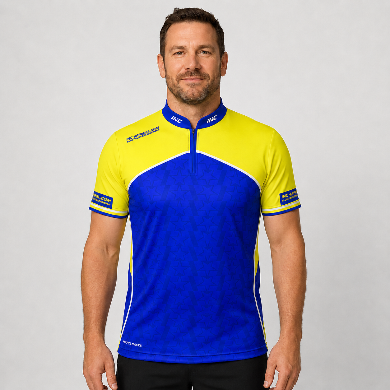Legatus yellow and blue darts pool shirt men's and youth front view performance academy shirt