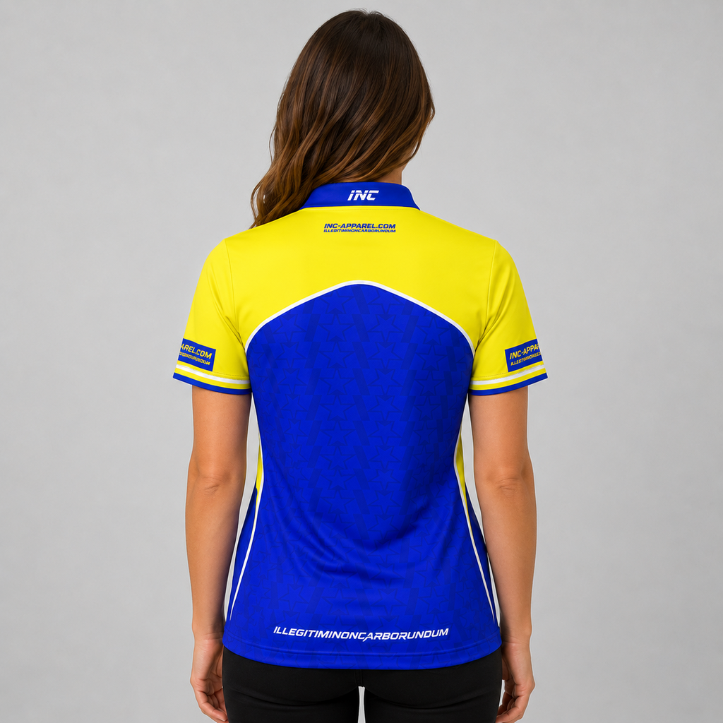 Legatus yellow and blue women's darts and pool shirt back view breathable competition shirt