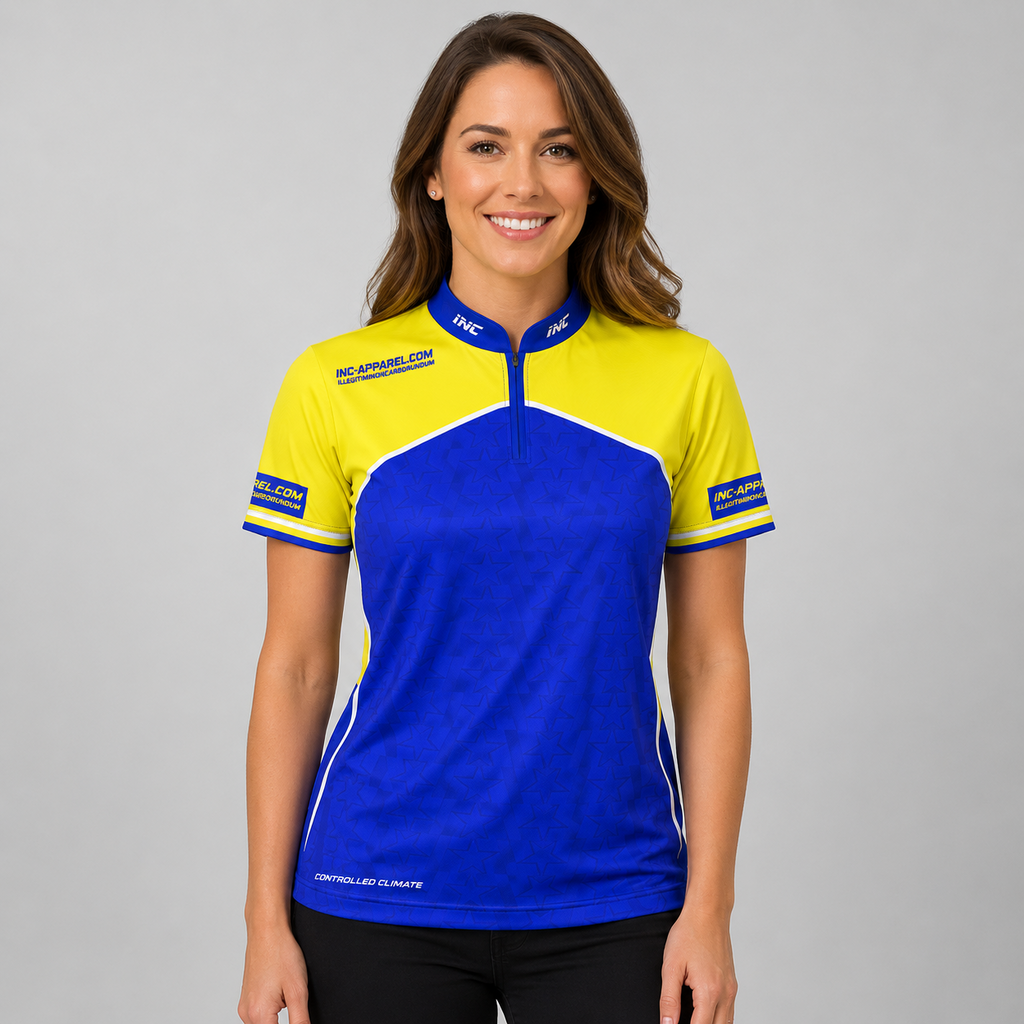 Legatus yellow and blue women's darts and pool shirt front view lightweight performance shirt