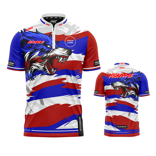 Combined front and back view of the Lupus Patrioticus Pro1 Darts Shirt from INC-APPAREL
