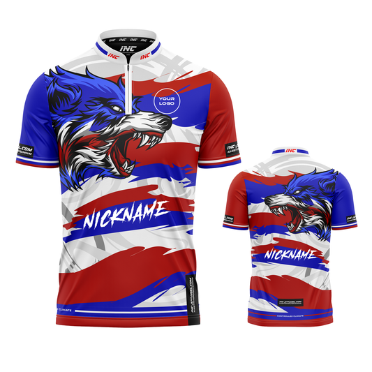 Combined front and back view of the Lupus Patrioticus Pro1 Darts Shirt from INC-APPAREL