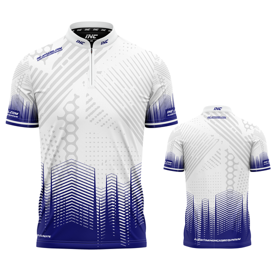 Luxus white and blue personalised pool and darts team shirt made to order with performance fabric and professional fit from INC-APPAREL