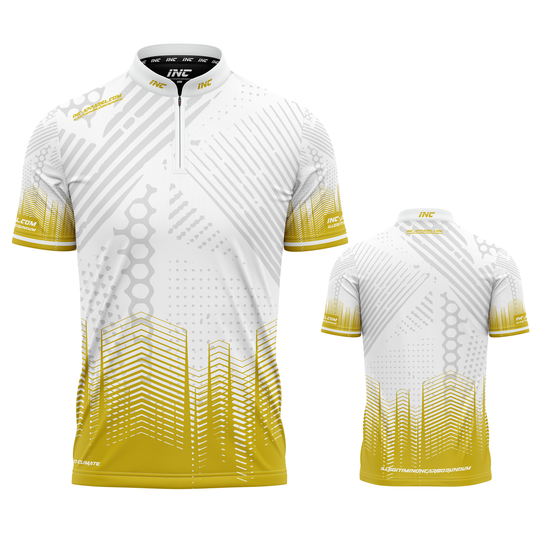 Luxus white and gold personalised pool and darts team shirt made to order with performance fabric and professional fit from INC-APPAREL