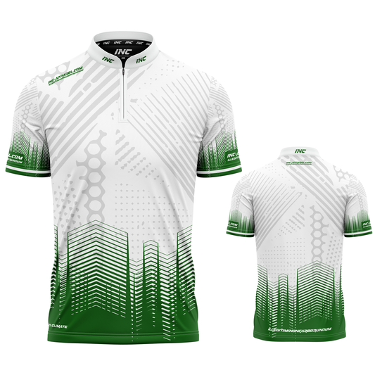 Luxus white and green personalised pool and darts team shirt made to order with performance fabric and professional fit from INC-APPAREL