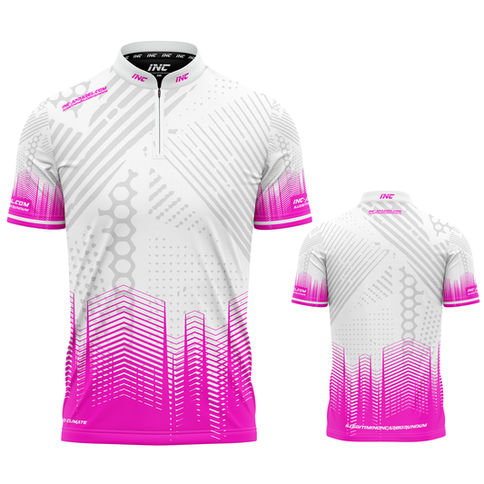 Luxus white and pink personalised pool and darts team shirt made to order with performance fabric and professional fit from INC-APPAREL