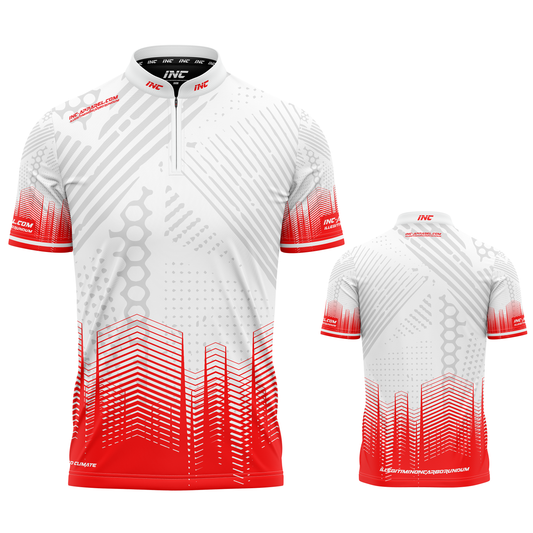 Luxus white and red personalised pool and darts team shirt made to order with performance fabric and professional fit from INC-APPAREL