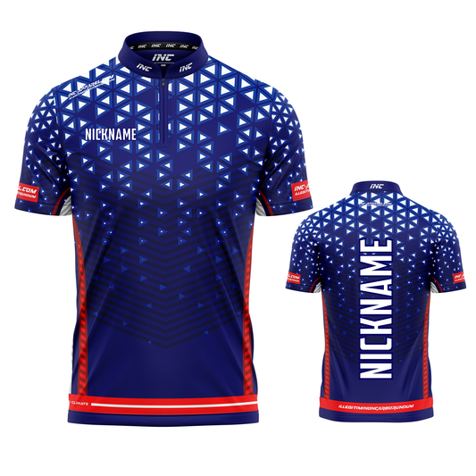 Magnus Red White and Blue Darts/Pool Shirt from INC-APPAREL – premium performance shirt for competitive darts and pool players.