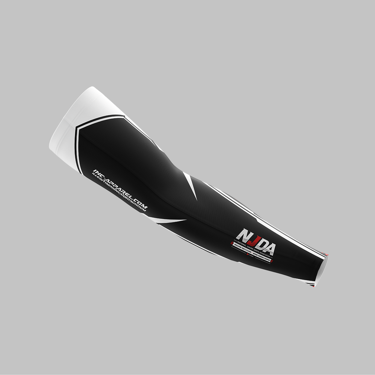 Official National Junior Darts Association performance compression arm sleeve in black, displaying the printed NJDA logo and the secure anti-slip elastic cuff.