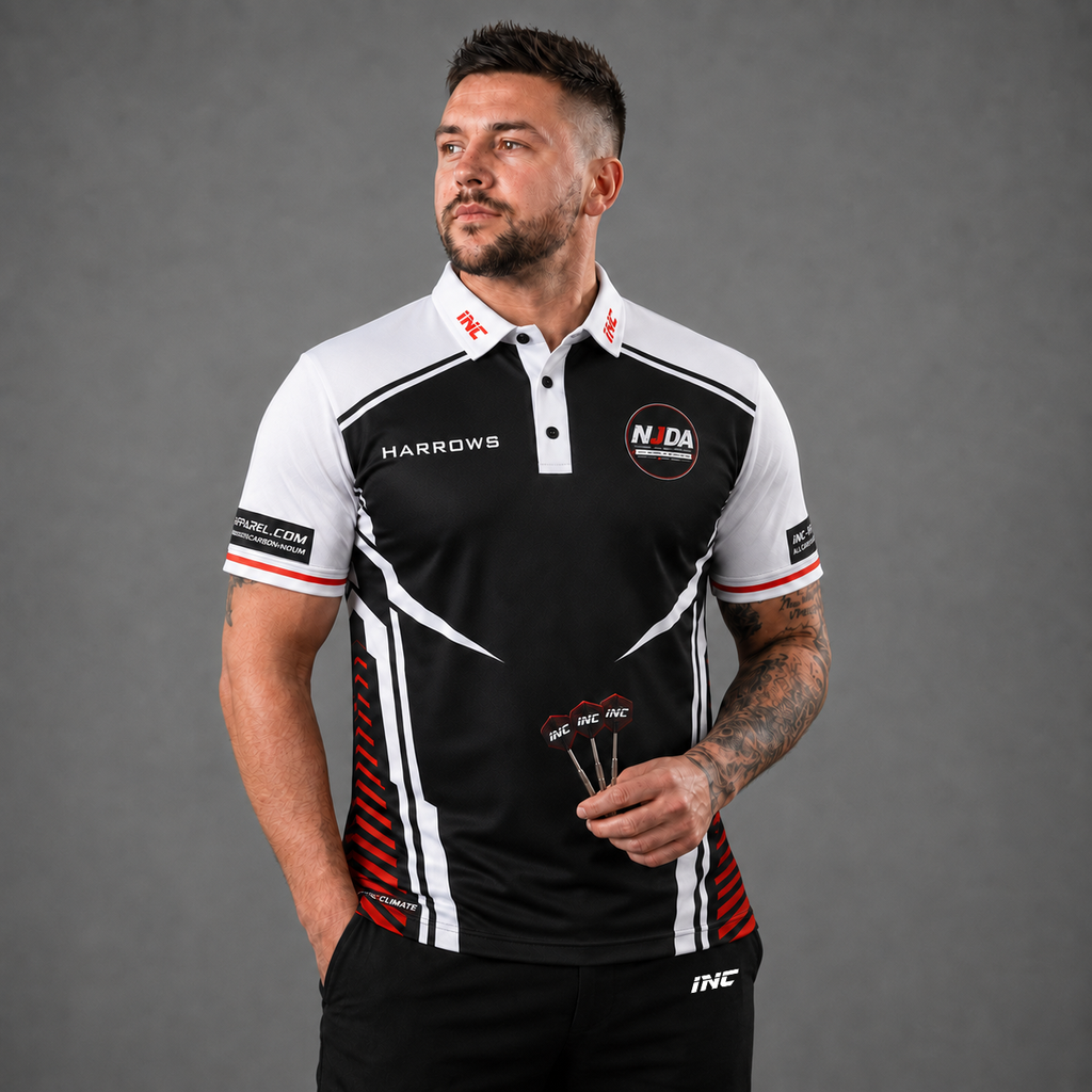 Official National Junior Darts Association darts teamwear shirt front featuring the NJDA logo, shown in men's and youth sizes.