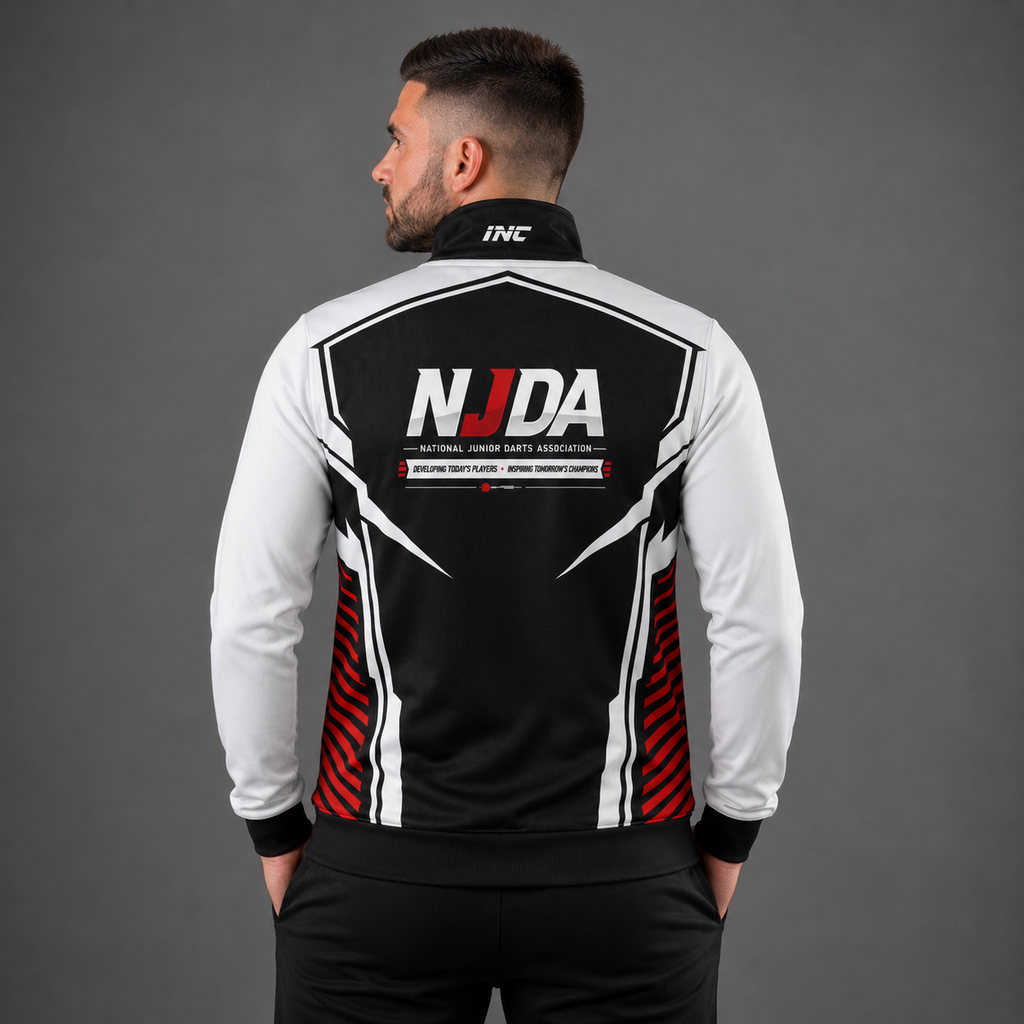 Official National Junior Darts Association tournament jacket back in white and black, showing a full-zip presentation design with the embroidered NJDA logo, ribbed cuffs, and zipped pockets.