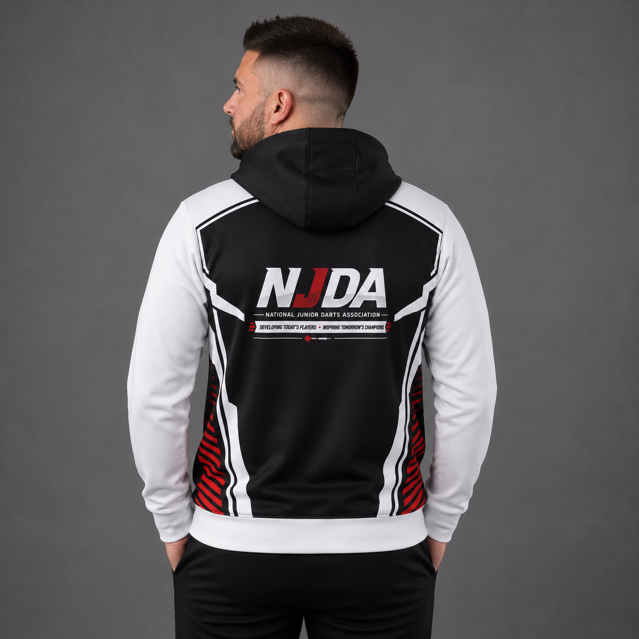 Official National Junior Darts Association unisex darts hoodie back in black with the NJDA logo printed on the chest, featuring a kangaroo pocket and drawstring hood.