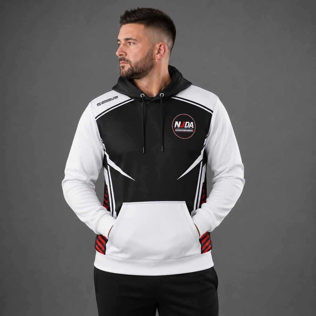 Official National Junior Darts Association unisex darts hoodie front in black and white with the NJDA logo printed on the chest, featuring a kangaroo pocket and drawstring hood.
