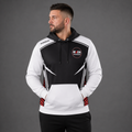 Official National Junior Darts Association unisex darts hoodie front in black and white with the NJDA logo printed on the chest, featuring a kangaroo pocket and drawstring hood.