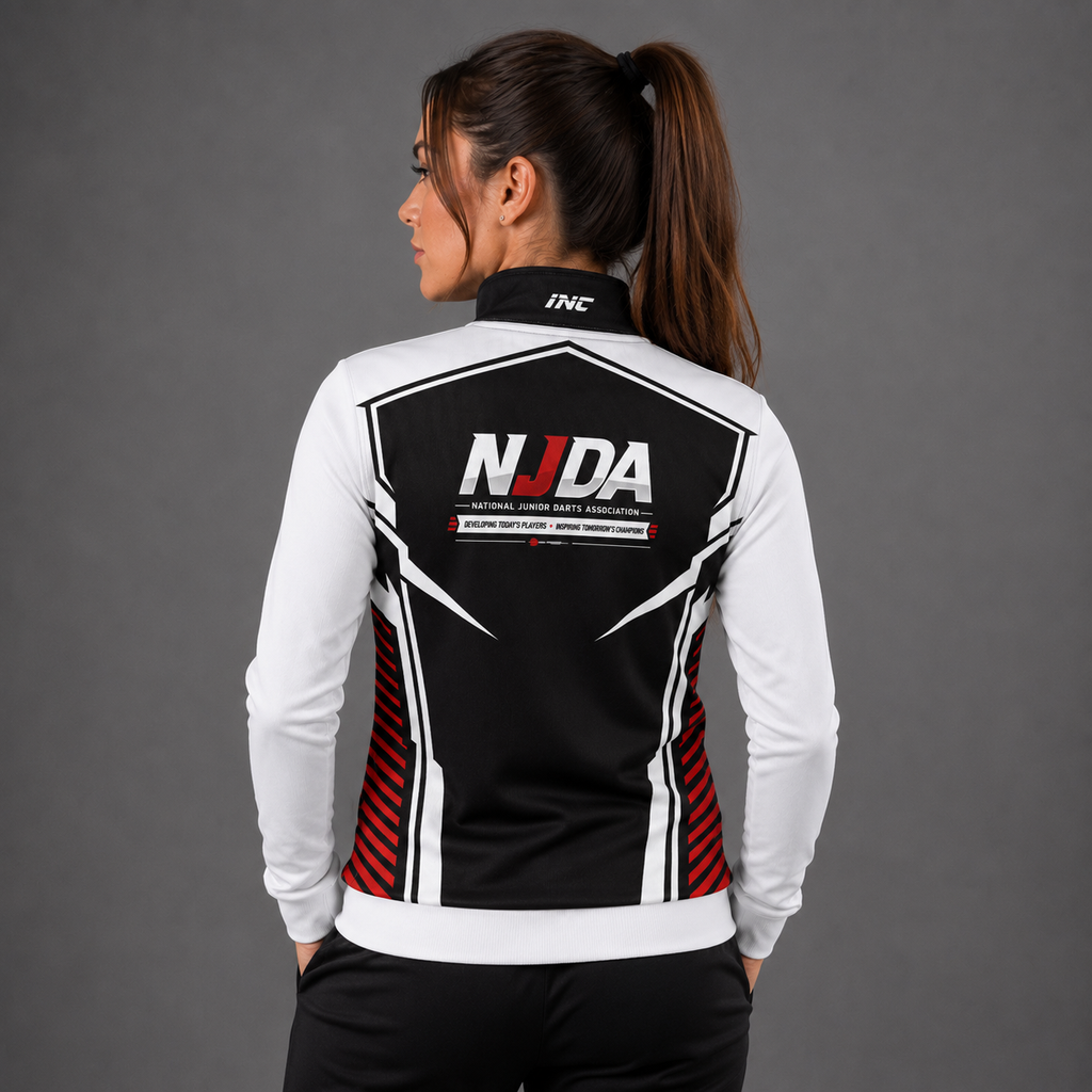 Official National Junior Darts Association unisex quarter zip midlayer pullover back in black and white featuring the NJDA logo on the chest and a performance stand-up collar