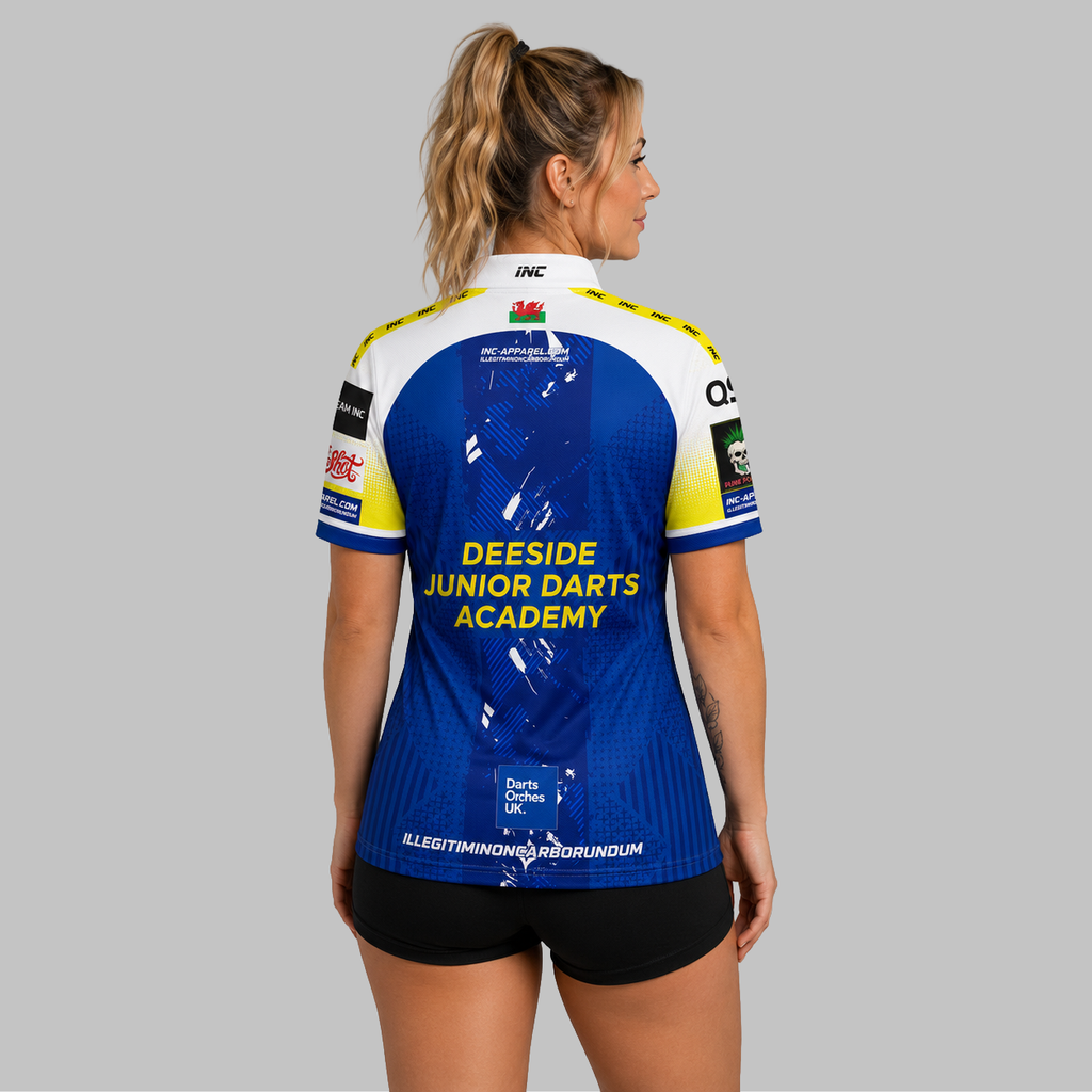 Back view of the Women's Official Deeside Junior Darts Academy shirt, showcasing the seamless flow of the sublimated team design across the shoulders.