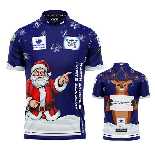 Combined front and back view of the Official North Ayrshire Darts Academy Christmas Darts Shirt, festive edition from INC-APPAREL