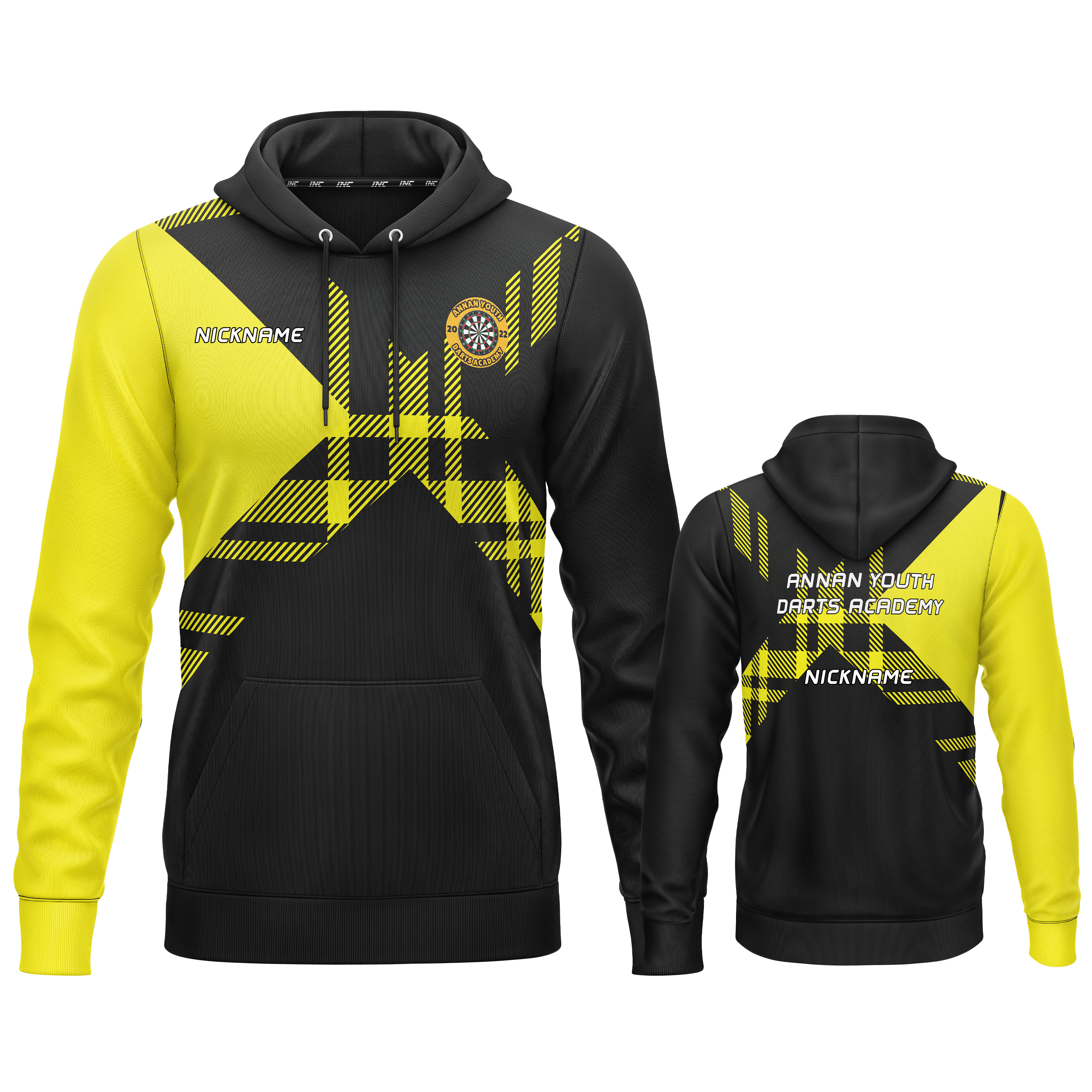 Official Annan Youth Darts Academy hoodie detail view academy logo and fabric