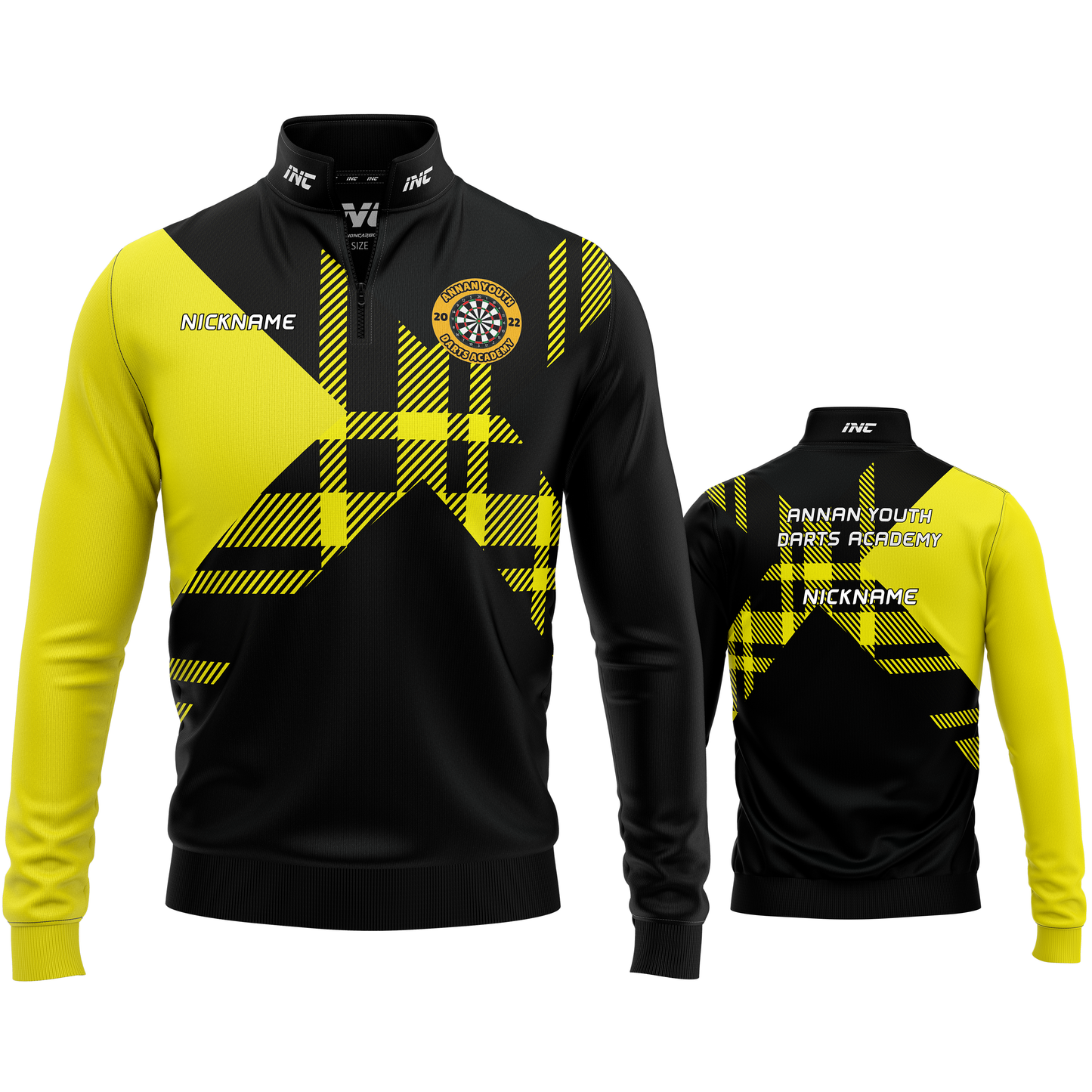 Official Annan Youth Darts Academy quarter zip midlayer detail view breathable performance fabric from INC-APPAREL