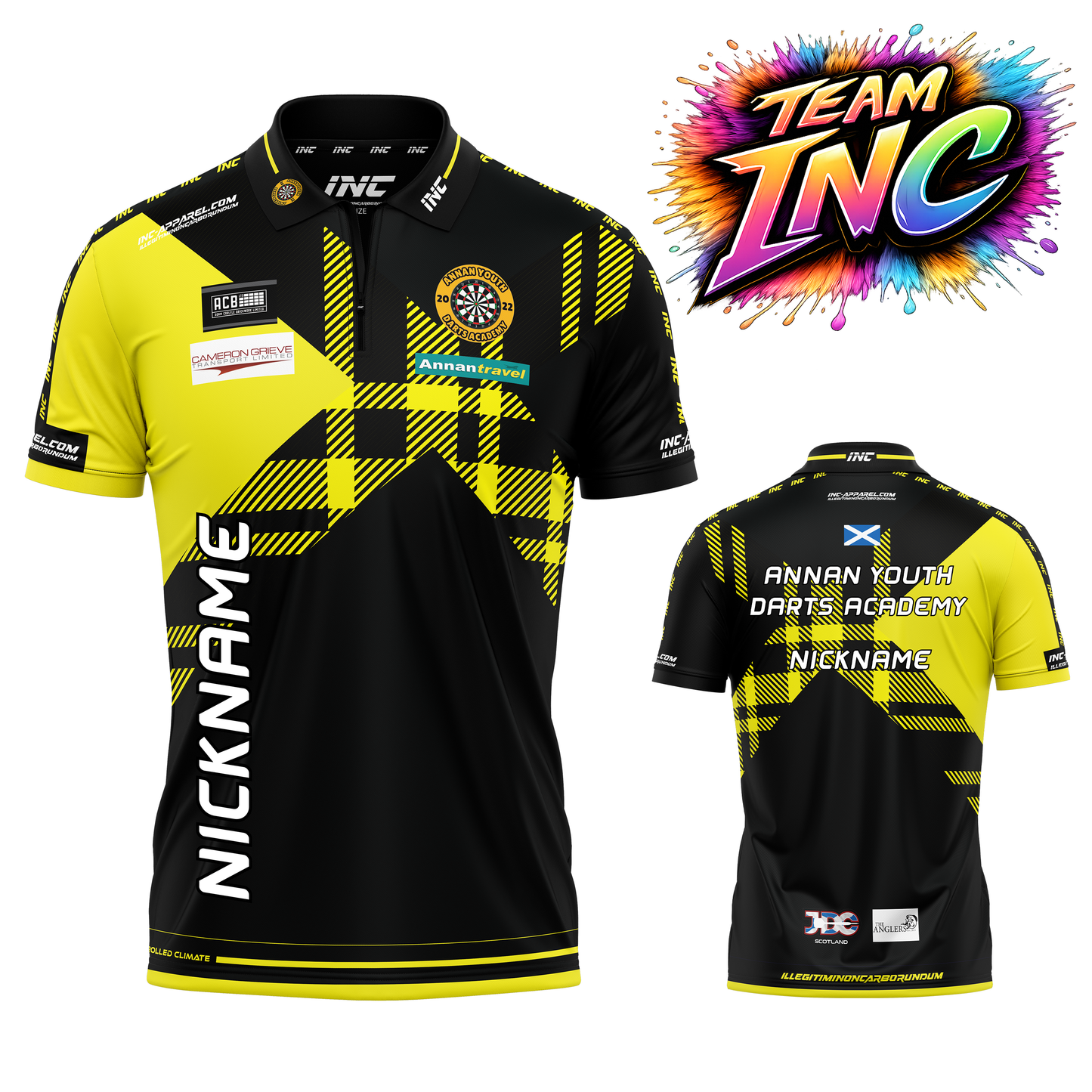 Official Annan Youth Darts Academy shirt front and back view academy team darts shirt from INC-APPAREL
