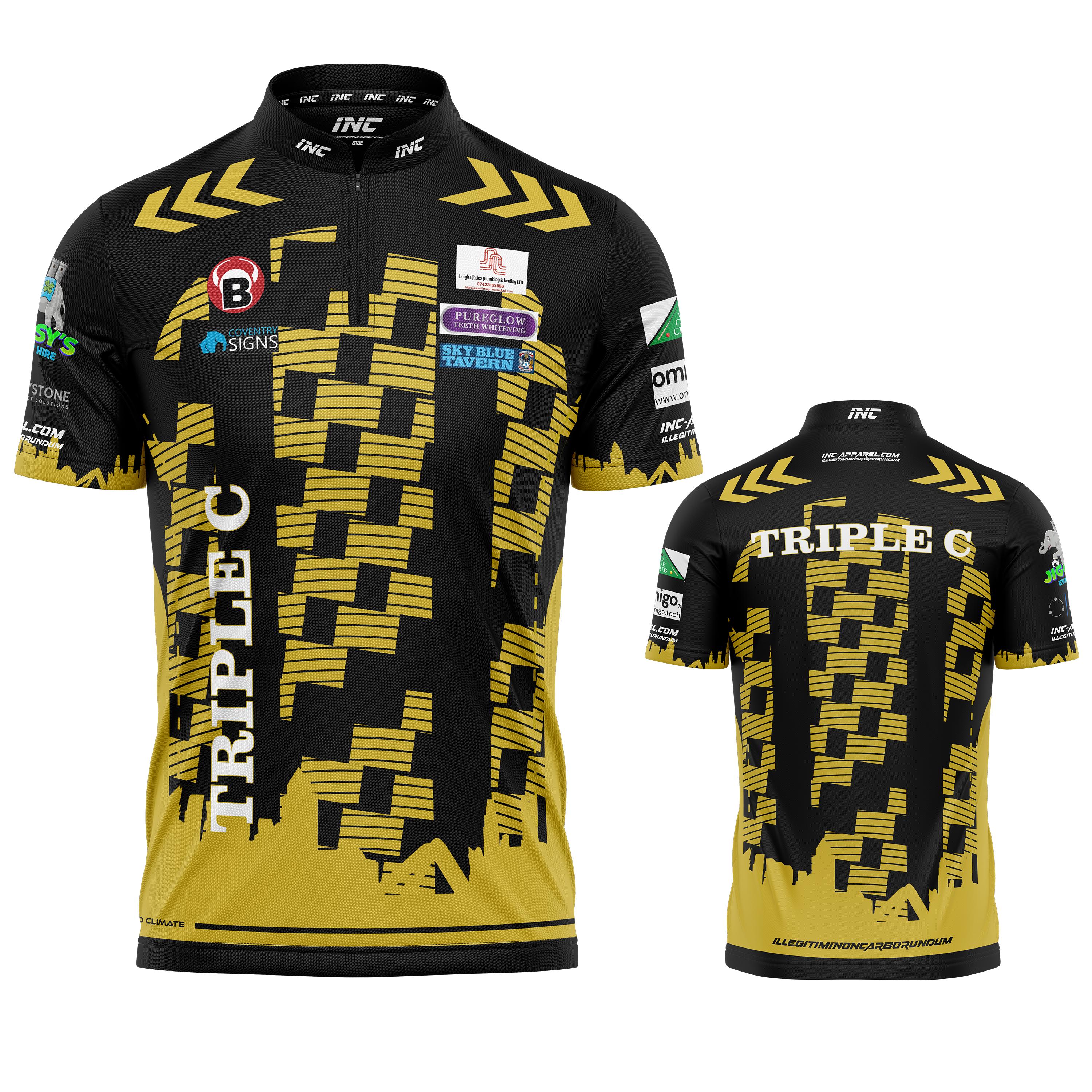 Official Charlie Moreton Black and Gold Darts Shirt from INC-APPAREL – professional performance darts shirt with player branding.