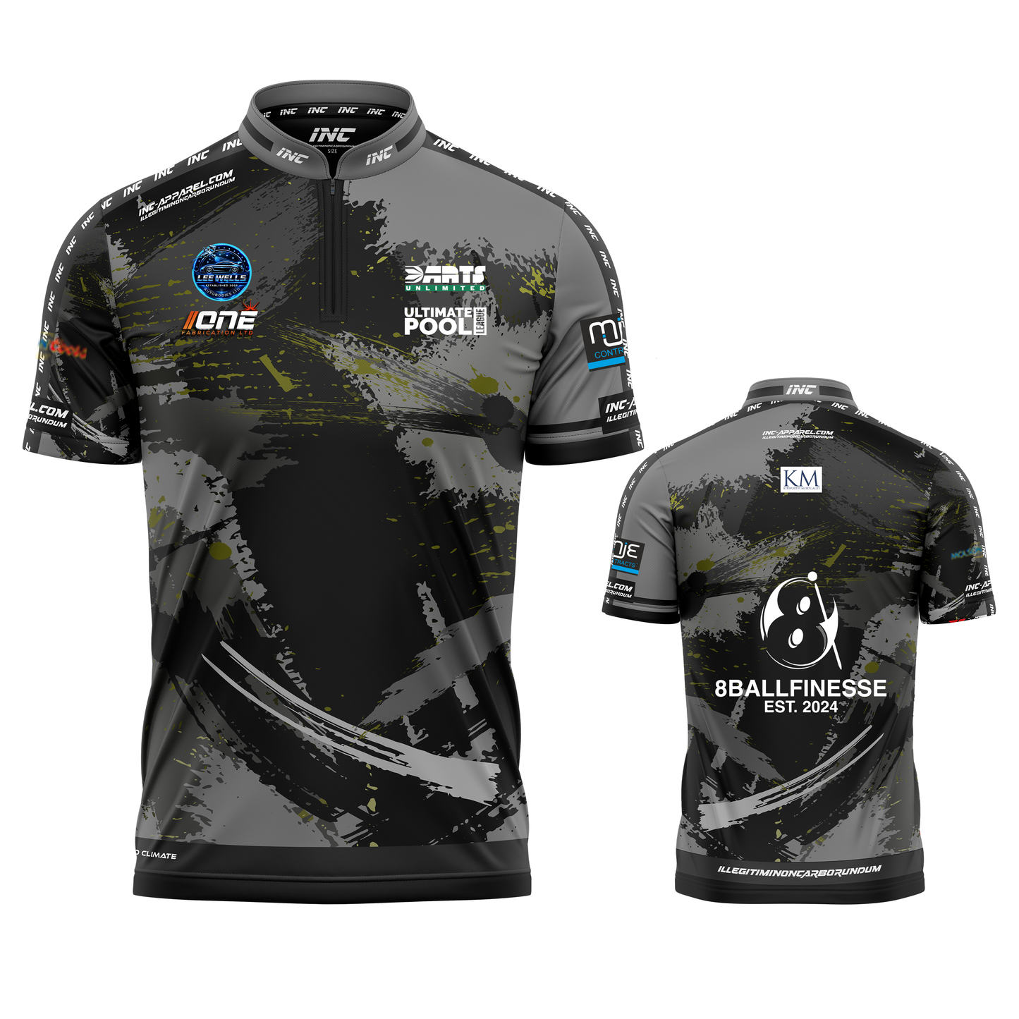 Official Cue Club 8BallFinesse pool shirt front and back view professional league pool shirt from INC-APPAREL