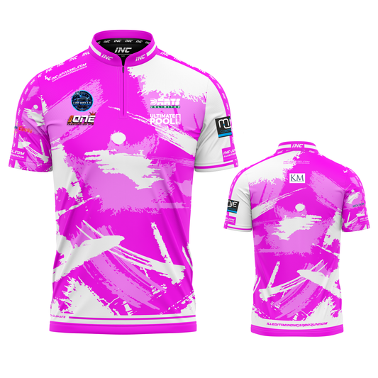 Official Cue Club Pink Pony Club pool shirt front and back view professional league pool shirt from INC-APPAREL