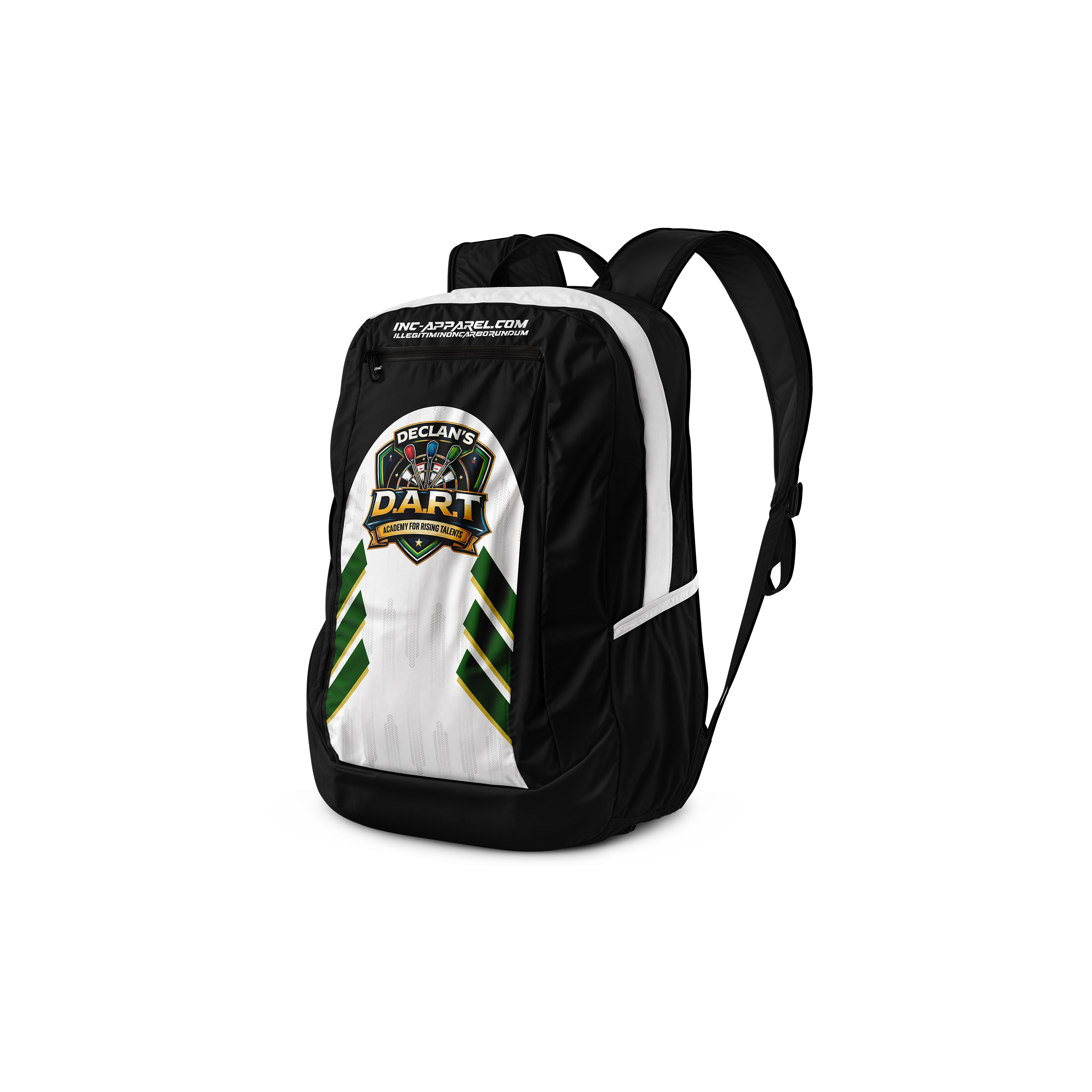 Official DART Academy backpack interior compartments for darts equipment and accessories from INC-APPAREL