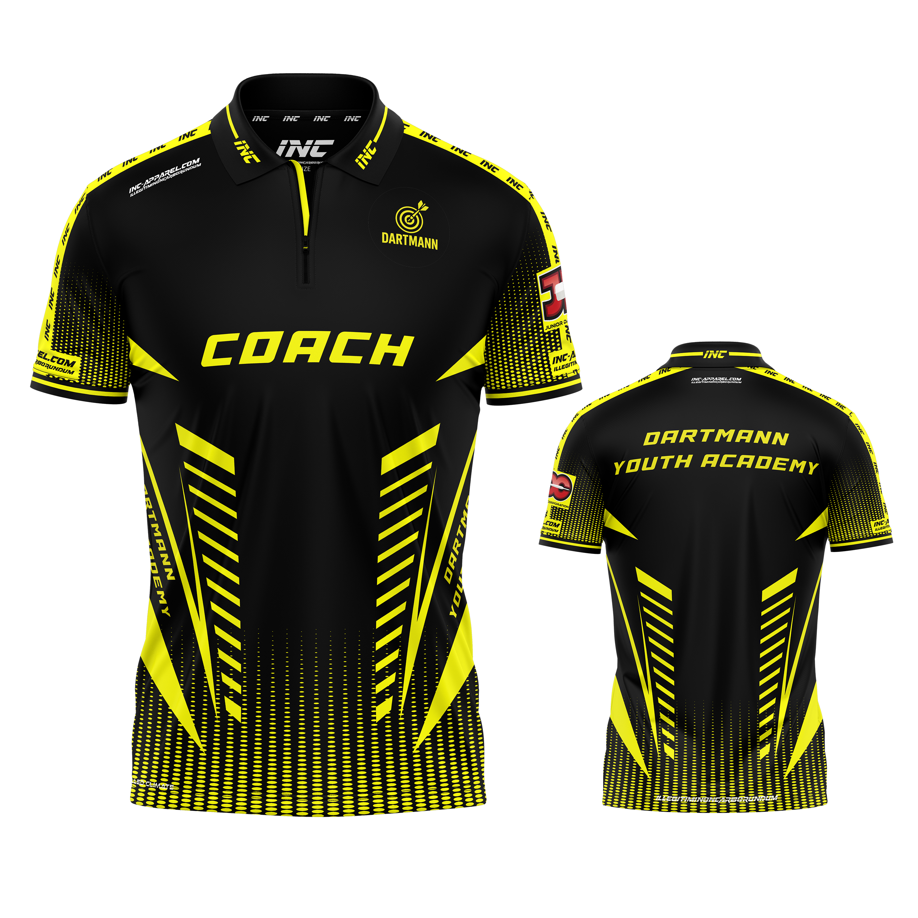 Official Dartmann Youth Academy Coaches Zip Polo Darts Shirt – professional darts teamwear from INC-Apparel