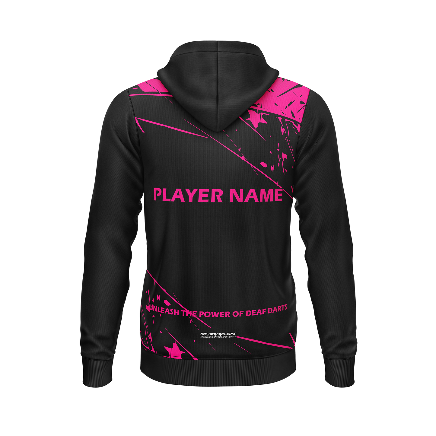Back view of the Official Deaf Darts Organisation Hoodie Pink INC-APPAREL