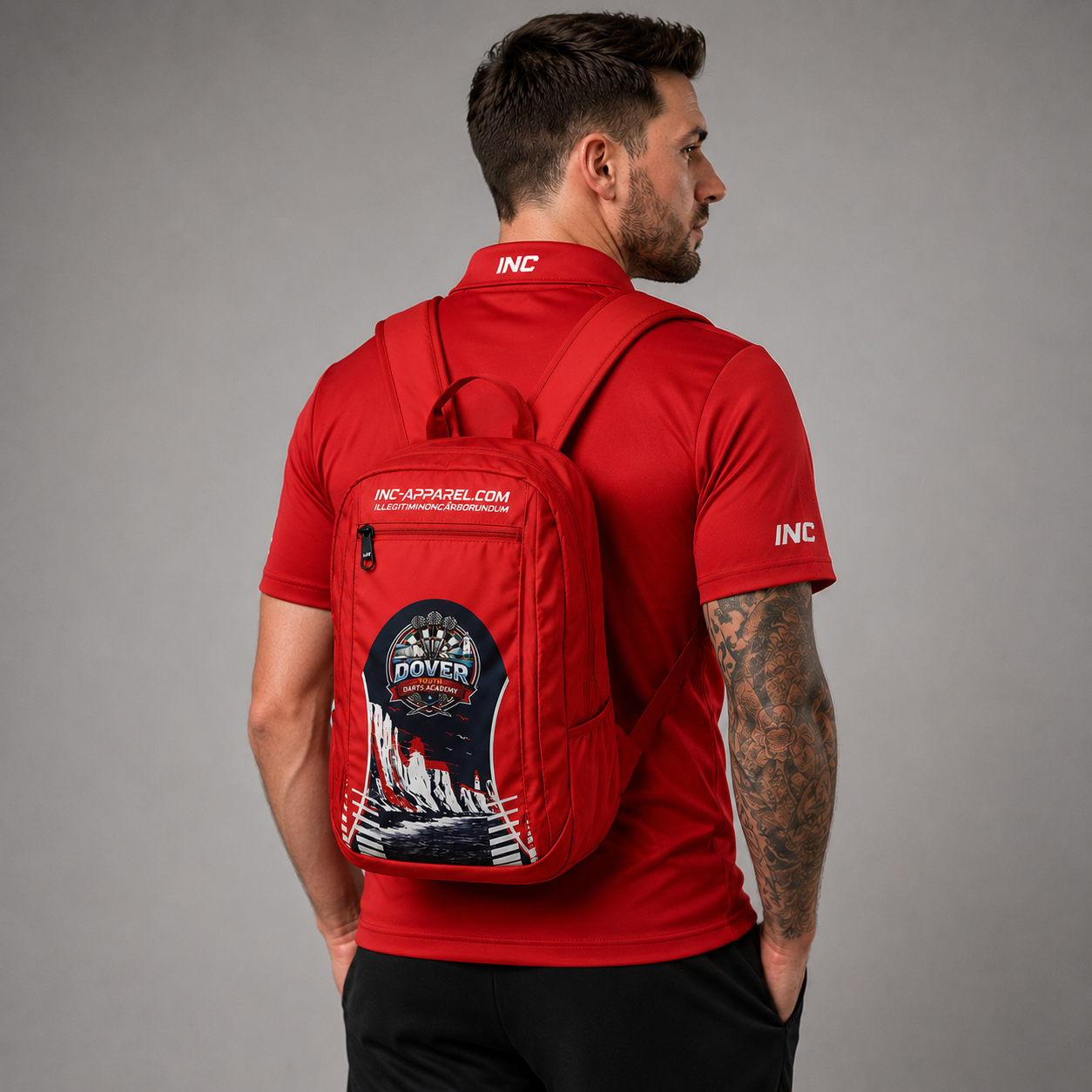 Official Dover Youth Darts Academy Backpack by INC-APPAREL with personalised name option for darts players, training kit and everyday use.