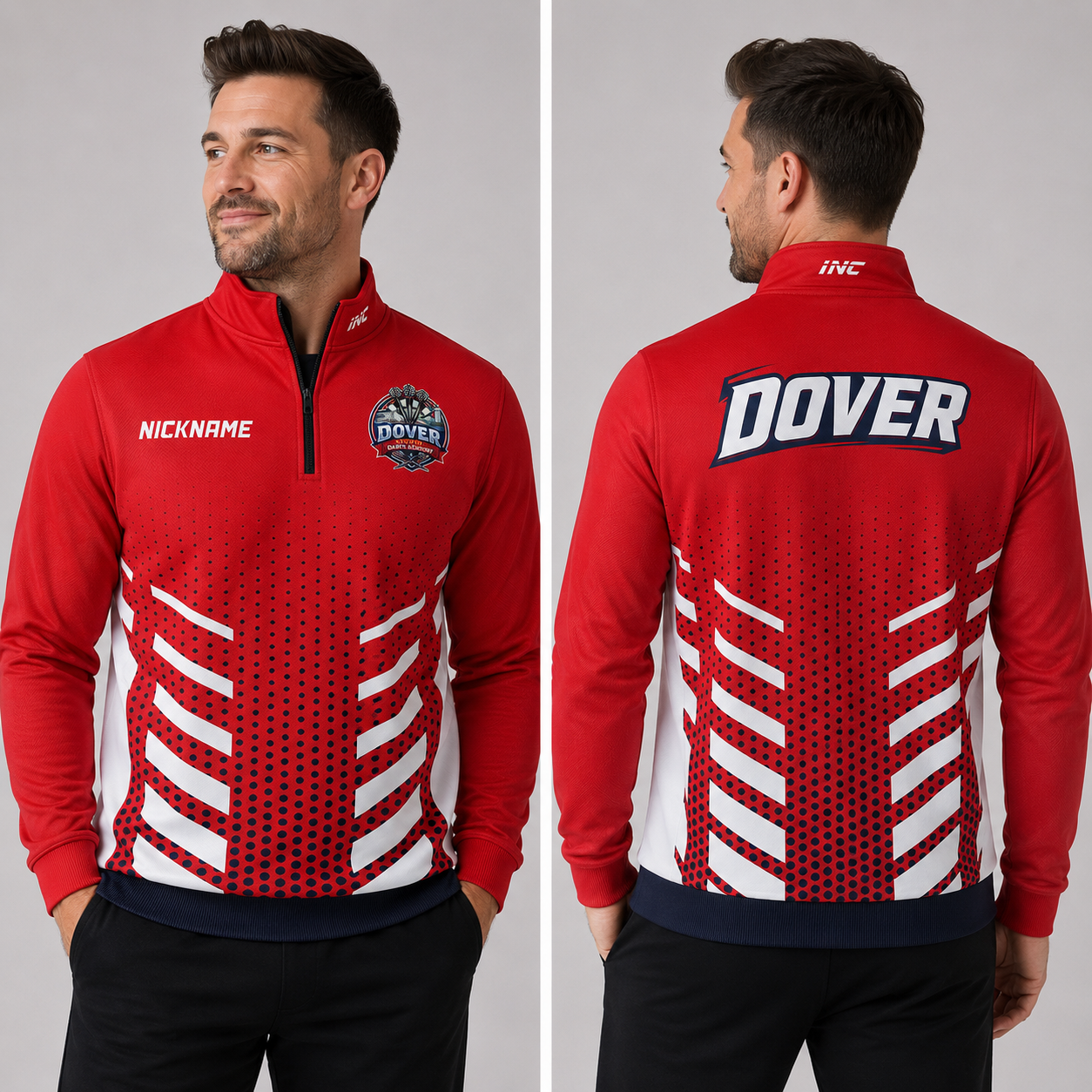 Official Dover Youth Darts Academy Quarter Zip Midlayer - Unisex by INC-APPAREL with personalised name option for academy players, coaches and supporters.