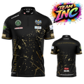Official Ella Hannaford gold black darts shirt front and back view competition dart shirt