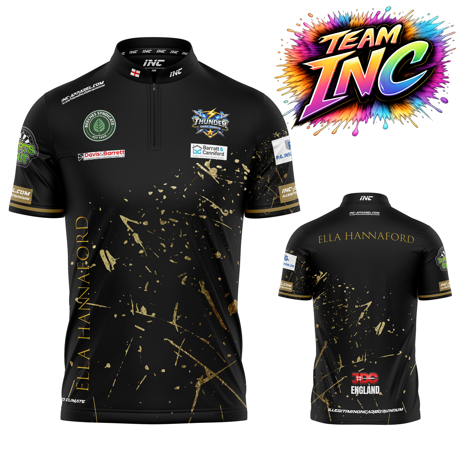 Official Ella Hannaford gold black darts shirt front and back view competition dart shirt