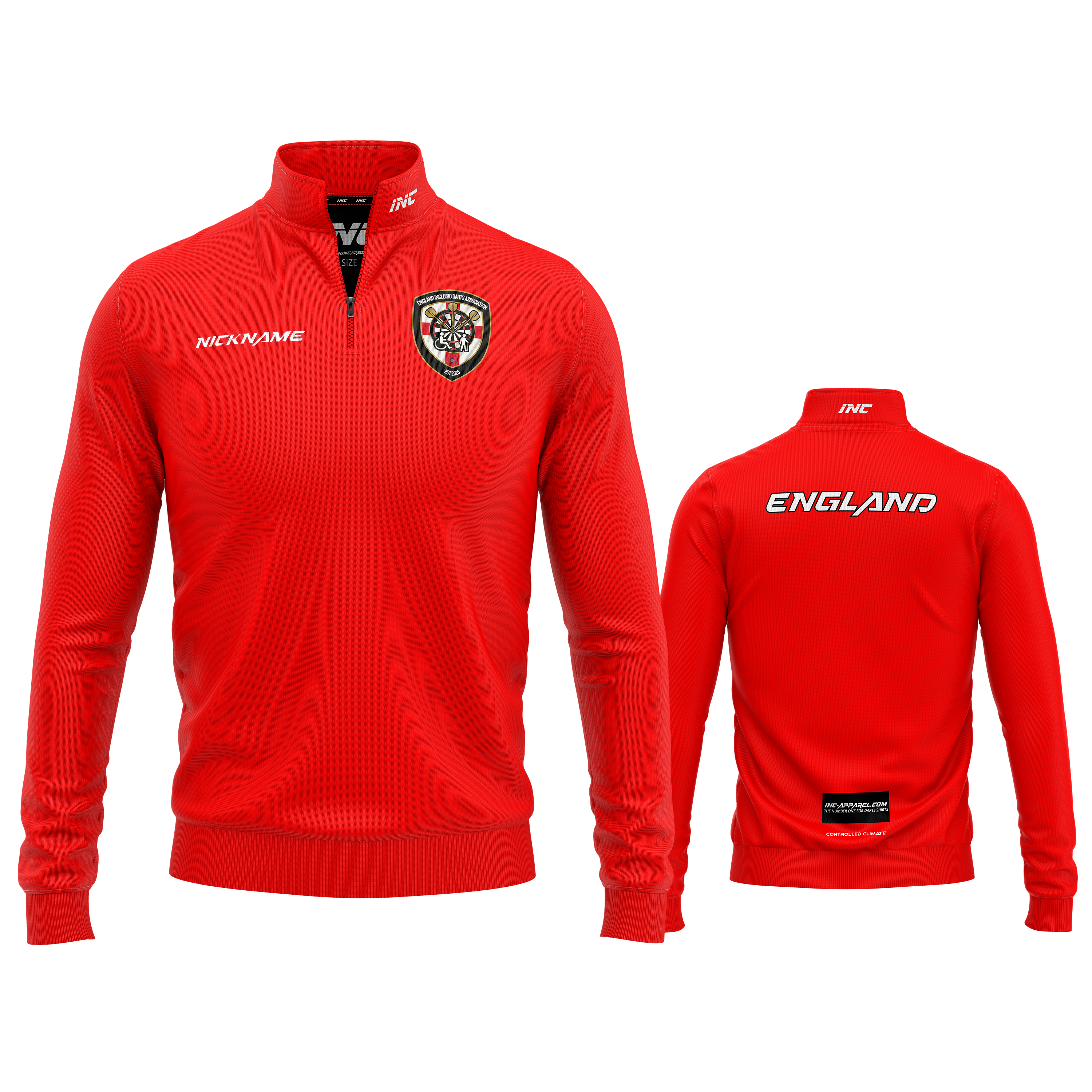 Official England Inclusio Darts Team Quarter Zip Midlayer from INC-APPAREL – performance darts midlayer with team branding.