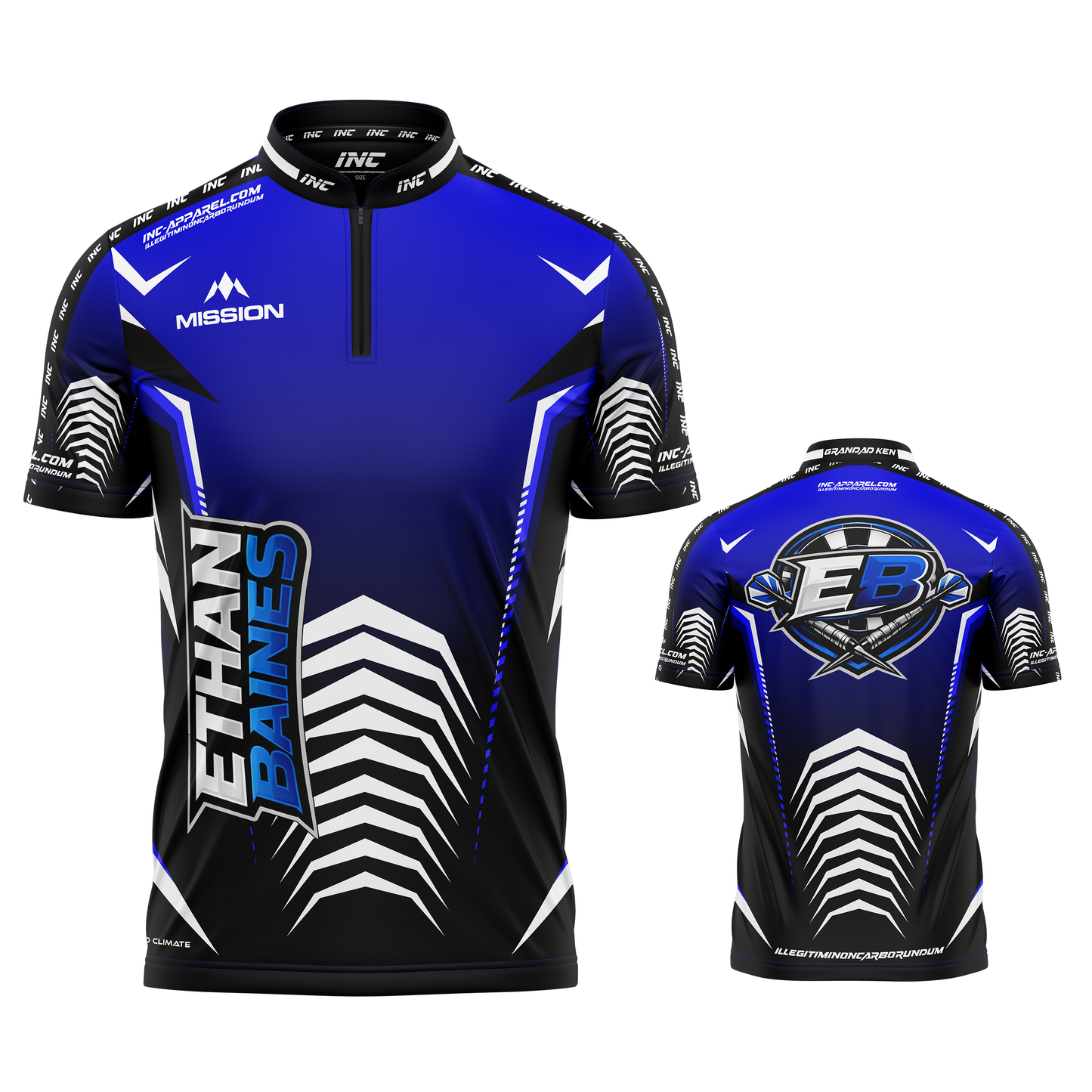Official Ethan Baines Blue and Black Darts Shirt from INC-APPAREL – performance darts shirt with signature Ethan Baines design.