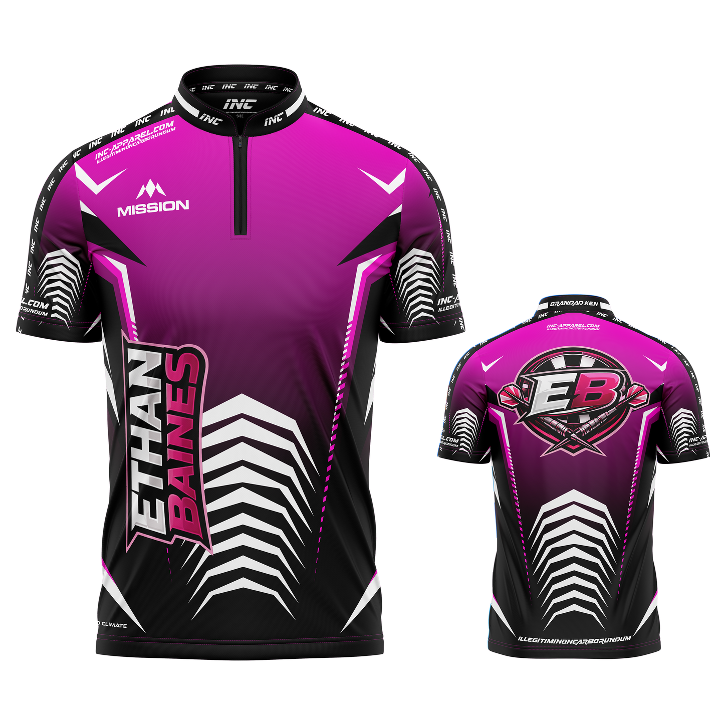 Official Ethan Baines Pink and Black Darts Shirt from INC-APPAREL – performance darts shirt with signature Ethan Baines design.