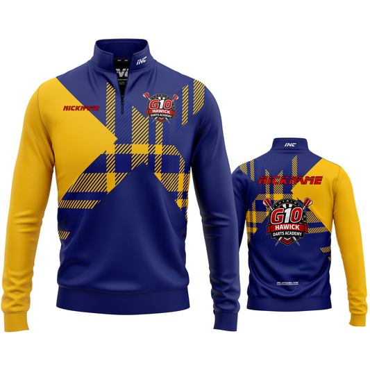 Official Hawick Darts Academy Quarter Zip Midlayer from INC-APPAREL – performance academy darts midlayer with official branding.
