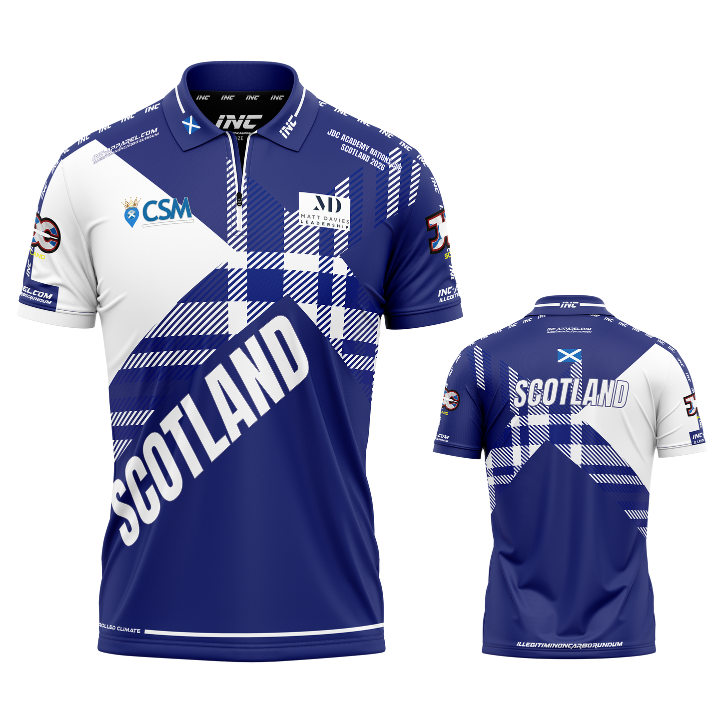 Official JDC Scotland Nations Cup zip polo darts shirt white and blue from INC-APPAREL