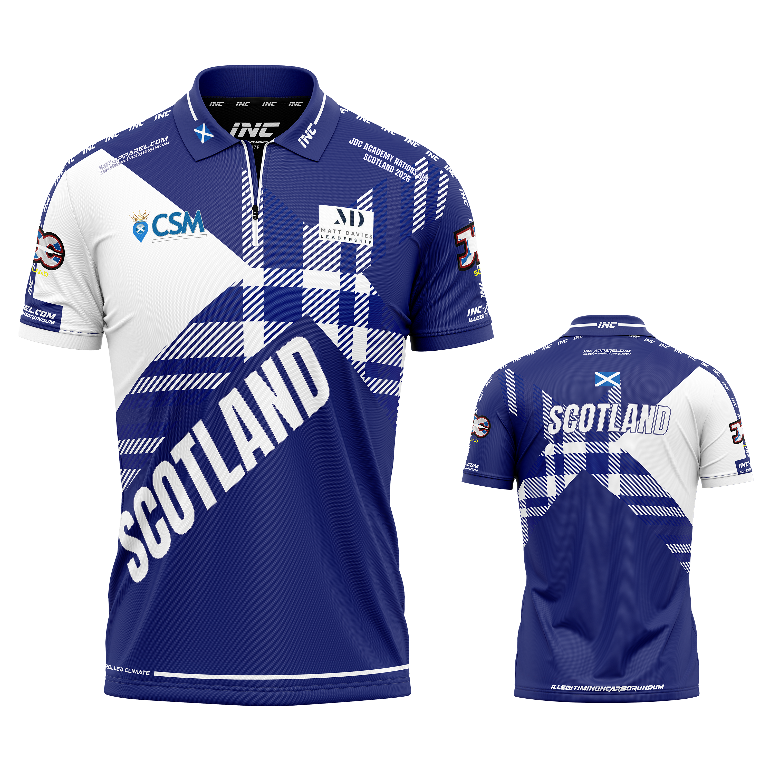 Official JDC Scotland Nations Cup zip polo darts shirt white and blue from INC-APPAREL