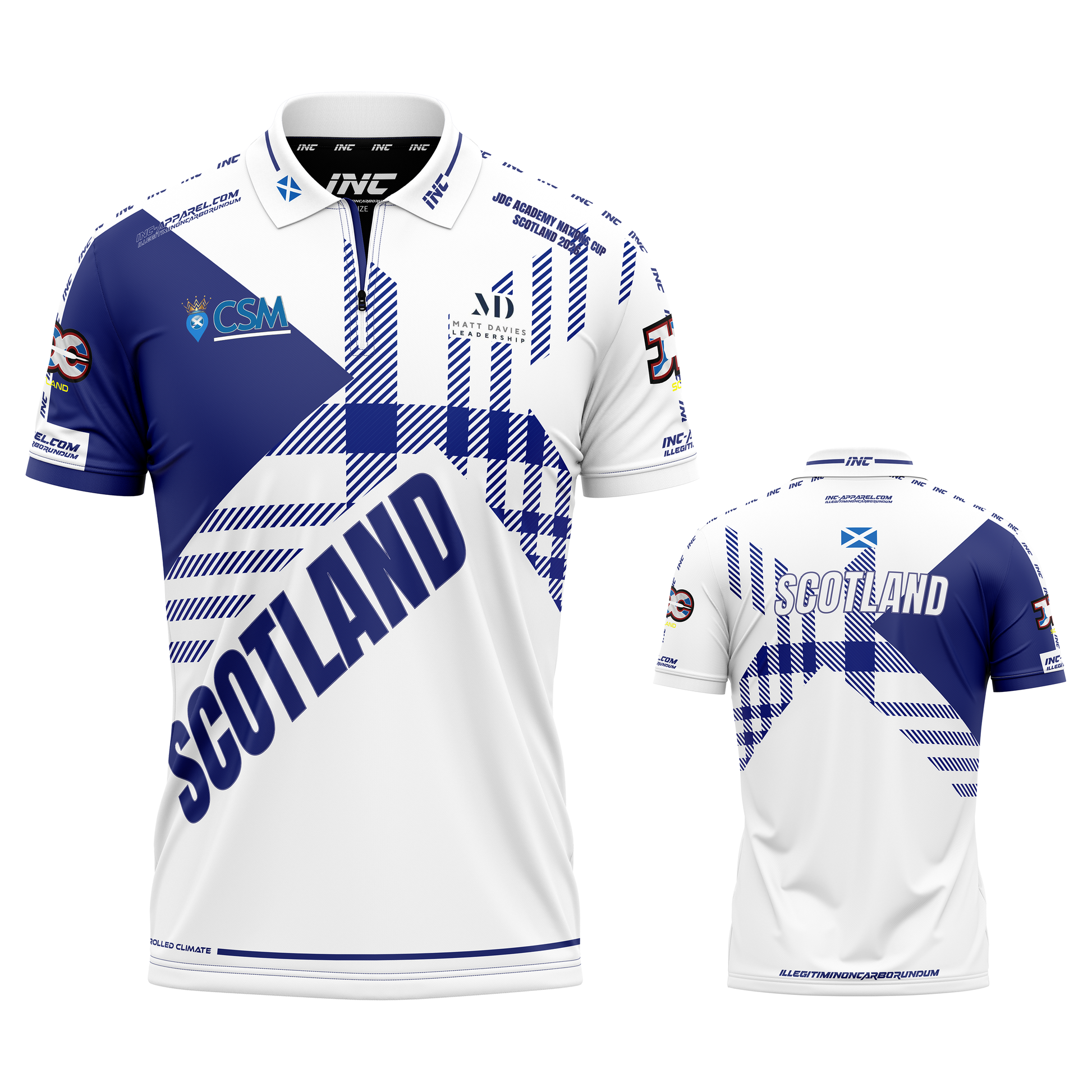 Official JDC Scotland Nations Cup zip polo darts shirt white and blue from INC-APPAREL