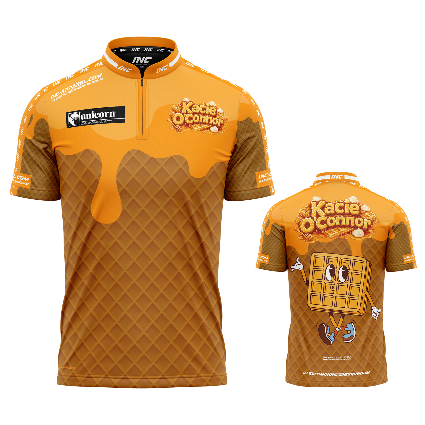 Official Kacie O’Connor Orange Waffle Darts Shirt from INC-APPAREL – performance darts shirt with textured orange waffle design.
