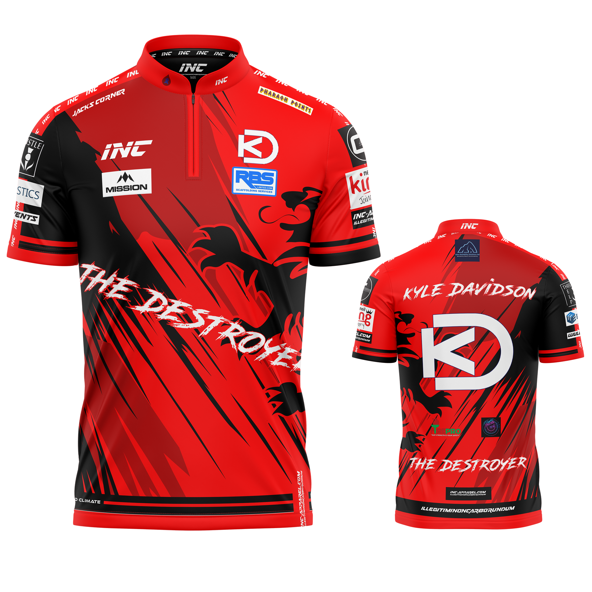 Official Kyle Davidson Red and Black Darts Shirt from INC-APPAREL – performance darts shirt with signature Kyle Davidson design.