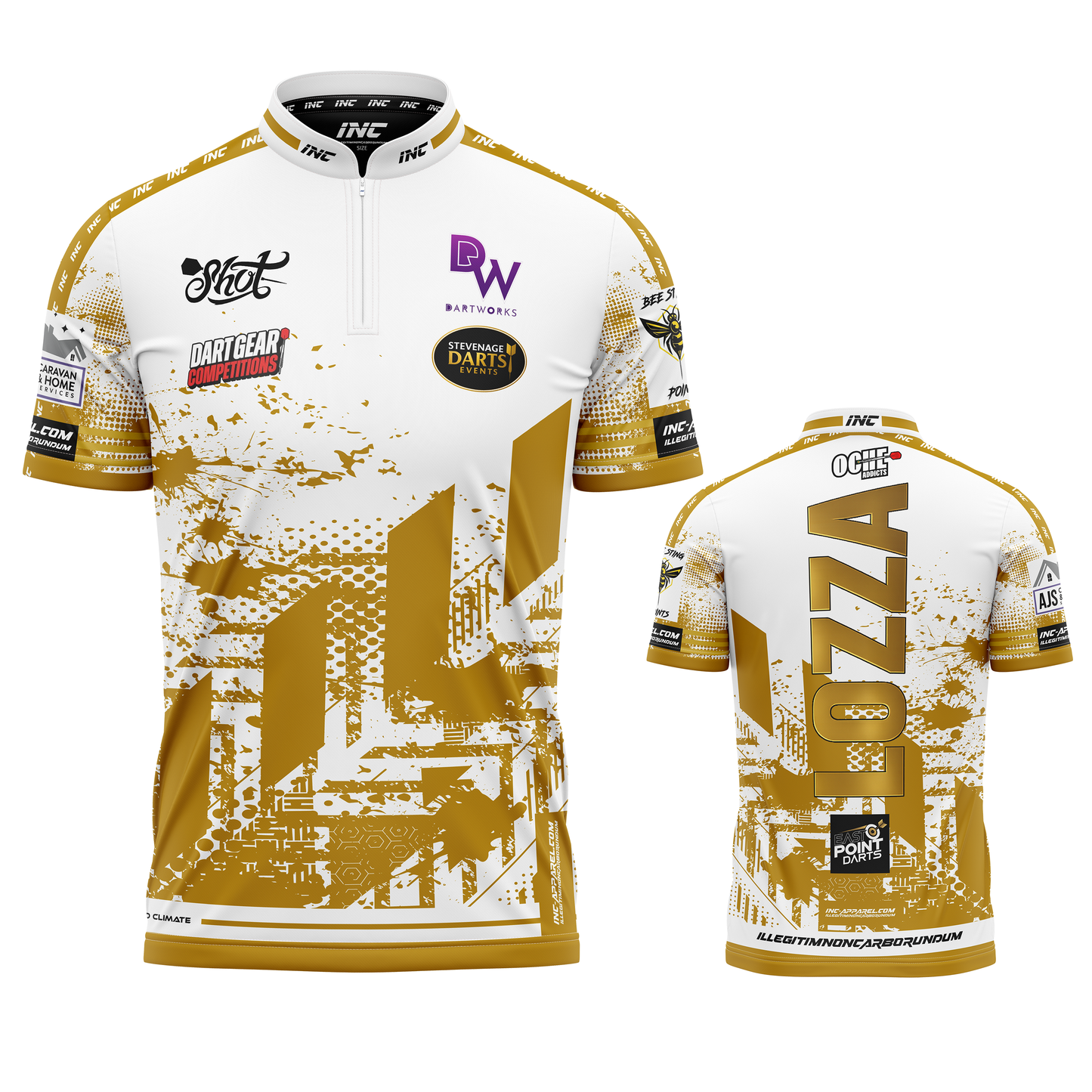 Official Lauryn Salter Gold Darts Shirt from INC-APPAREL – performance darts shirt with signature Lauryn Salter design.