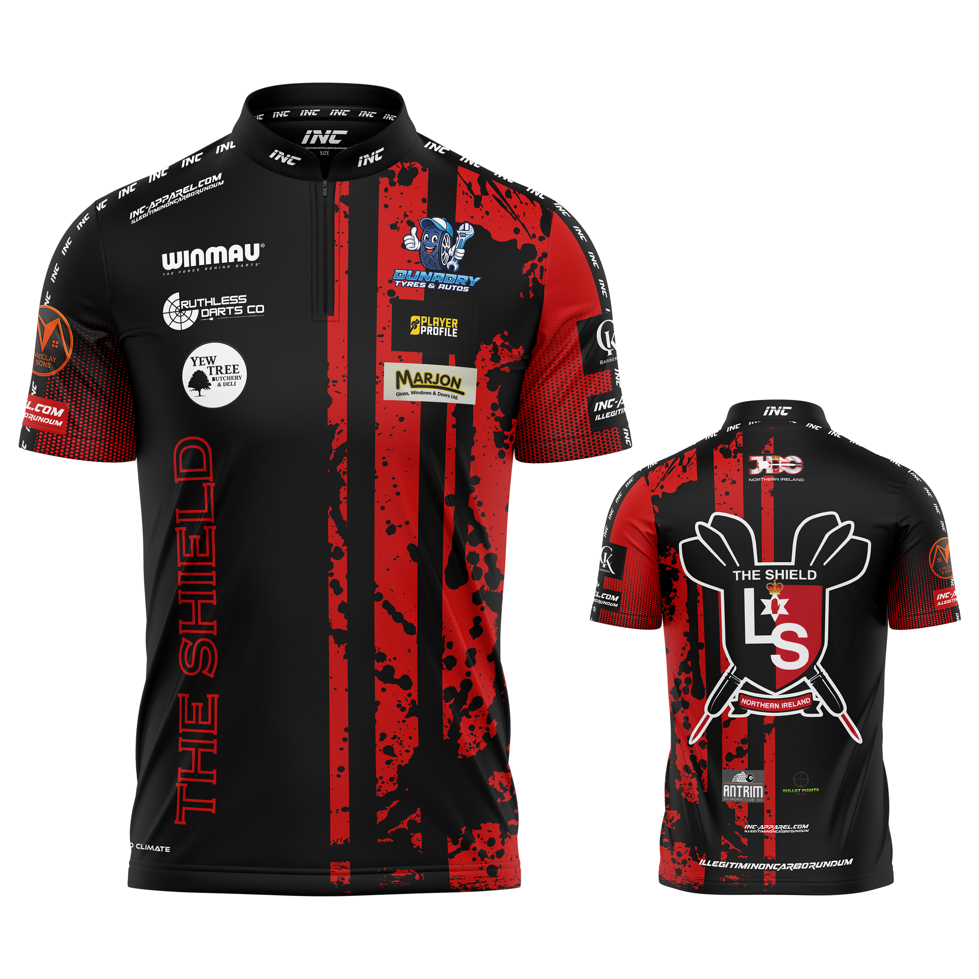 Official Lee Shields Red and Black Darts Shirt from INC-APPAREL – professional performance darts shirt with player branding.